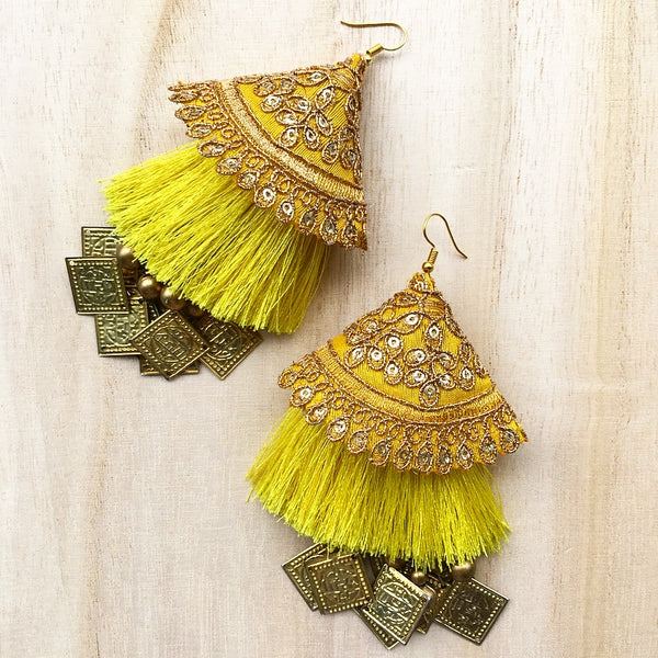 Square Dangler Earrings with Golden Embroidery
