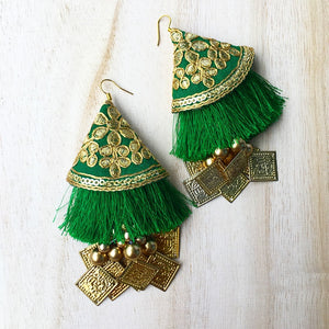 Square Dangler Earrings with Golden Embroidery