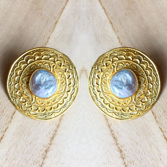 Hand Carved Mandala Earrings with Baroque Pearl