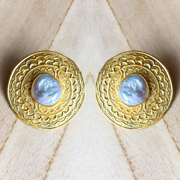 Hand Carved Mandala Earrings with Baroque Pearl
