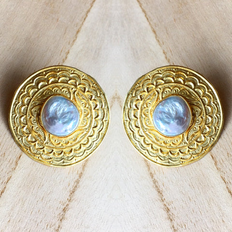 Hand Carved Mandala Earrings with Baroque Pearl