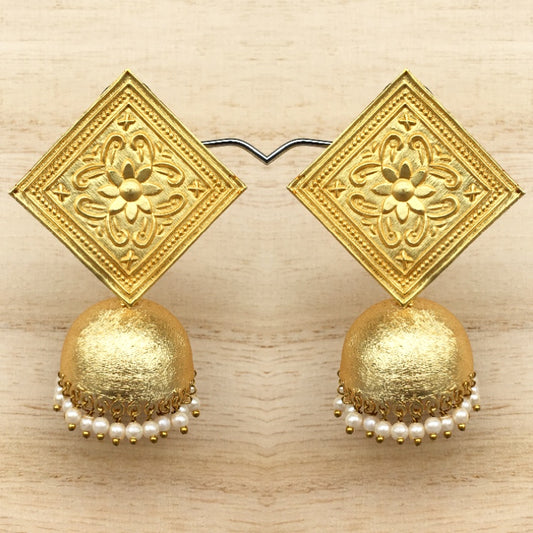 Hand Carved Matt Gold Tile Earrings with Dool