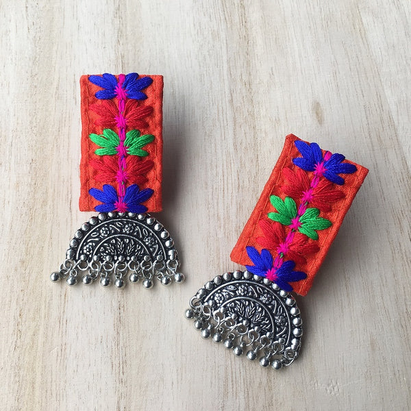 Orange Embroidered Fabric Earrings