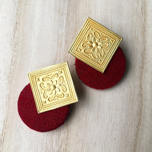 Matt Gold Tile Earrings with Pure Raw Silk Fabric