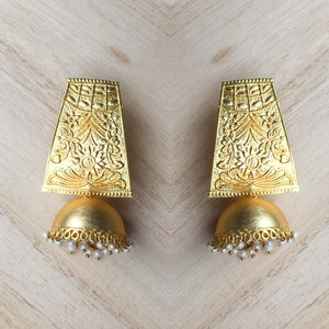 Hand Carved Matt Gold Bohemian Earrings with Dool