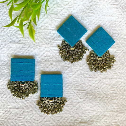 Pure Raw Silk Fusion Earrings - Peacock Blue