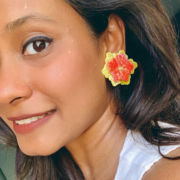 Hand Embroidered Sparkly Flower Earrings