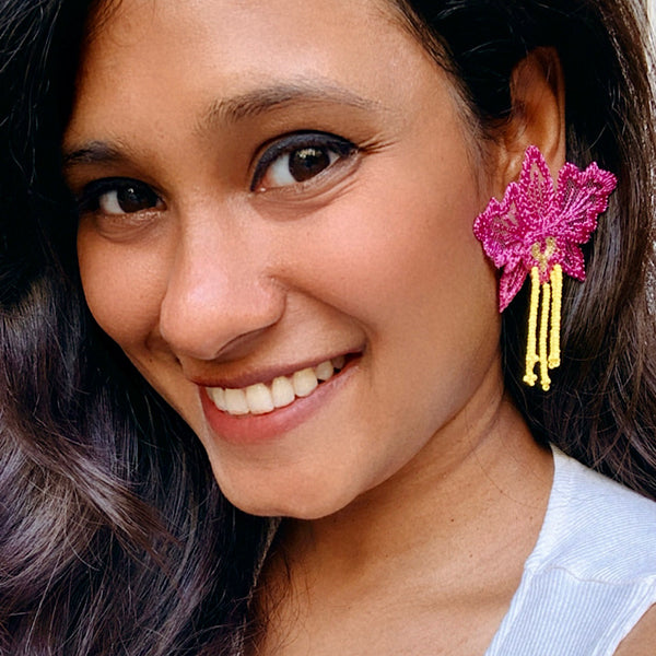 Hand Embroidered Orchid Earrings