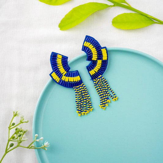 Handcrafted Yellow and Blue Fringe Earrings