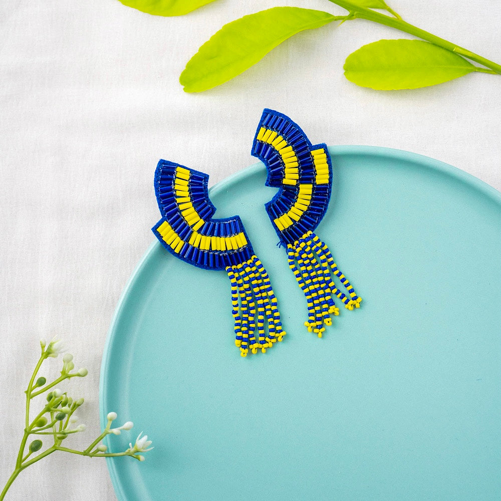 Hand Embroidered Yellow and Blue Fringe Earrings