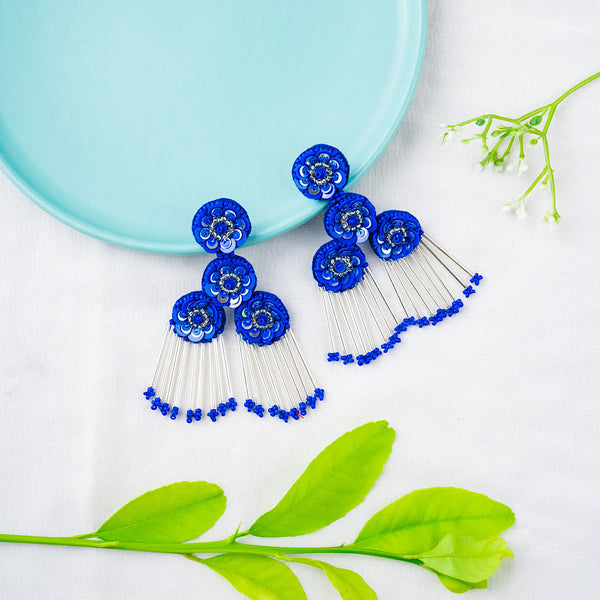 Hand Embroidered Flower Chandelier Earrings