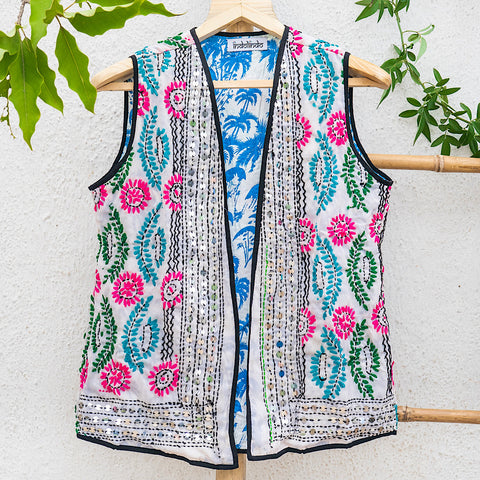 Multicoloured White, with Neon Pink Pattern Bohemian Jacket